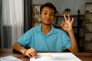 Young African American Child Boy Showing Okay Gesture While Studying at Home