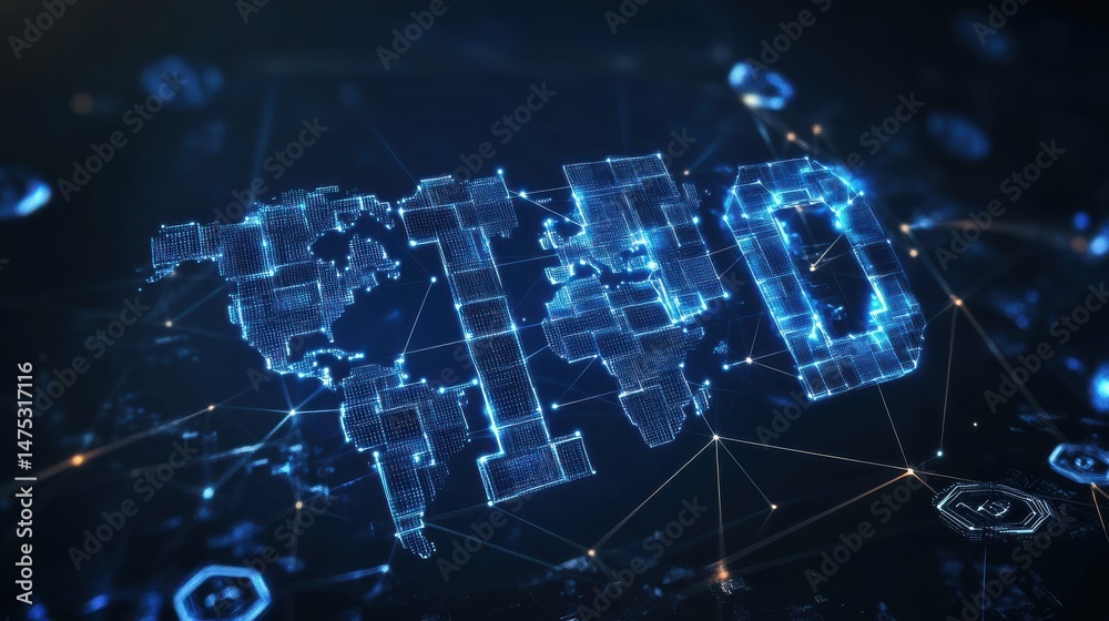 Poster blockchain technology futuristic hud background with world map and blockchain peer to peer network. 