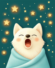 Cute yawning white dog in a teal blanket under a starry night