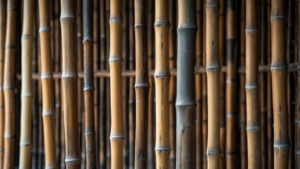 Fototapeta premium Dried bamboo wall or fence with light brown bamboo texture and an exotic bamboo cane fence appearance.