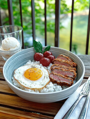 Delicious duck breast and egg rice bowl