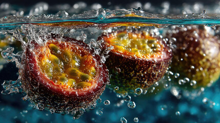 Passion fruits halved with water drops