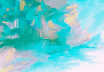 Impressionistic Light & Airy Whimsical Tree & Lake Reflections Landscape-Digital Painting, Art, Illustration, Design-In Aqua, teal, Lavender, Yellow