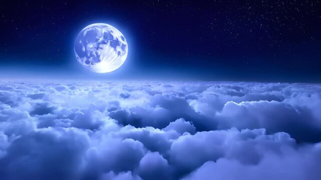 "Looped 3D animation of flying above endless clouds under a glowing full moon and sparkling stars, seamless night sky
