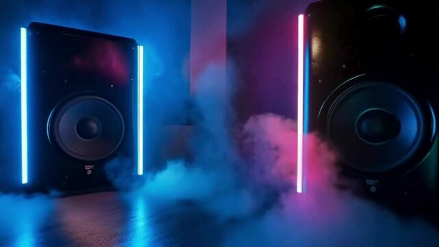 Dynamic Music Speakers Pulsing with Neon Glow, Electrifying and Vibrant, Against a Dark Futuristic Backdrop