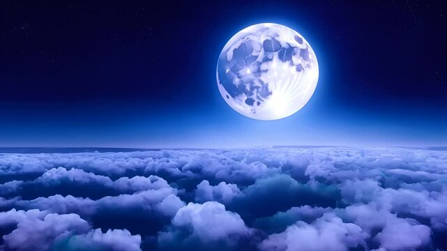 "Looped 3D animation of flying above endless clouds under a glowing full moon and sparkling stars, seamless night sky