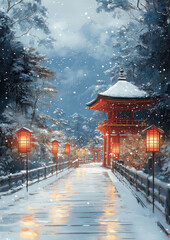Snowy winter path with traditional japanese gate