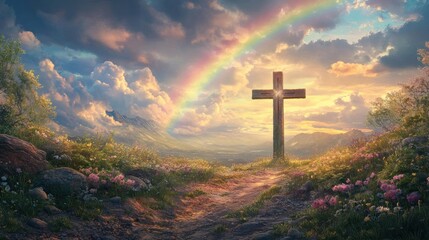Easter cross with rainbow backdrop and sunrise symbolizing resurrection concept