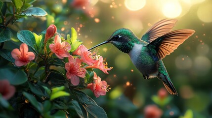 A hummingbird hovers near blooming pink flowers,  in vibrant, sunlit garden.  Sparkling particles around it