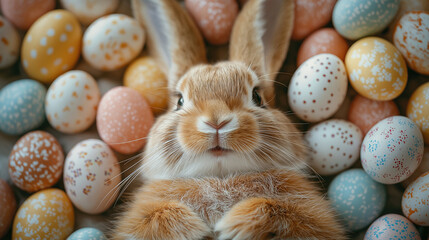 Easter bunny amidst colorful eggs