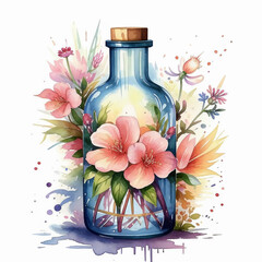 glass bottle with a bouquet of flowers, watercolor illustration. artificial intelligence generator, AI, neural network image. background for the design