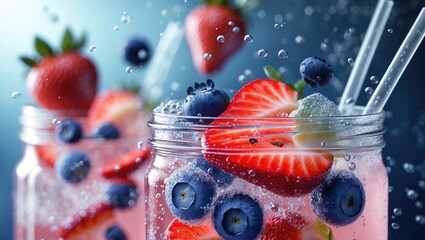 Intimate perspective of fresh cold lemonade with vivid berries, strawberries, and ice cubes. The texture of the cooling drink reveals macro bubbles on the glass, effervescing or ascending to the