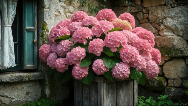 Pink hydrangea bush in a wooden planter situated outside the historic stone house beneath a window with lace curtains and metal shutters.