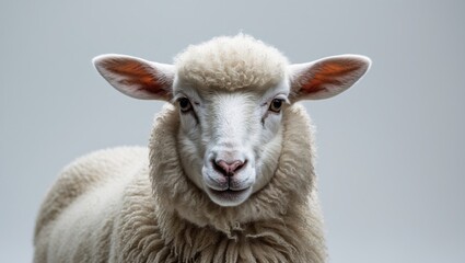 Fototapeta premium Smiling young white sheep lamb with fluffy fleece, isolated on white background