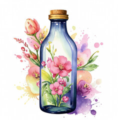 glass bottle with a bouquet of flowers, watercolor illustration. artificial intelligence generator, AI, neural network image. background for the design