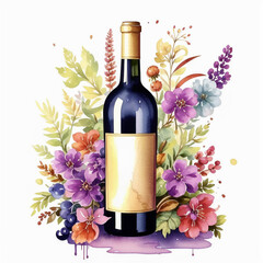 glass bottle with wine, grape spirits, aquarium, watercolor illustration. artificial intelligence generator, AI, neural network image. background for the design