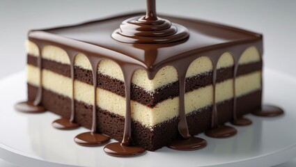 Chocolate icing flowing over a cake close-up