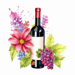 glass bottle with wine, grape spirits, aquarium, watercolor illustration. artificial intelligence generator, AI, neural network image. background for the design