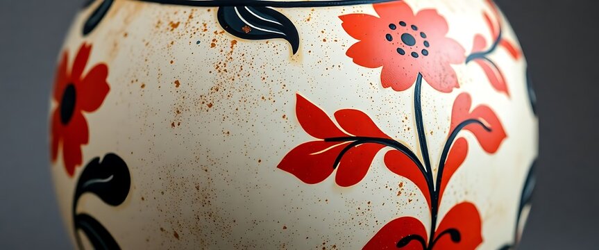 close up of a vase with red flowers on it