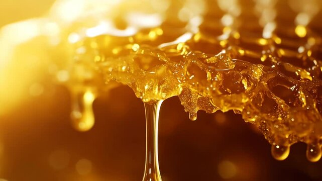 Close-up of thick golden honey oozing from a textured honeycomb structure under warm natural sunlight with soft blur in the background. Concept of organic sweetness and natural production