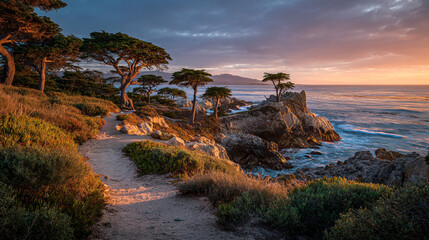 Fototapeta premium Coastal trail with trees and ocean view at sunset in california landscape photography scenery nature