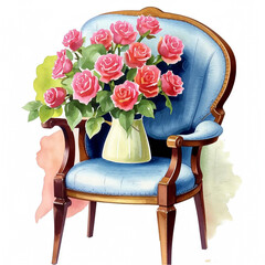 interior armchair with a bouquet of roses, beautiful flowers on a soft armchair, illustration. artificial intelligence generator, AI, neural network image. background for the design