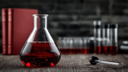 A laboratory scene showcasing a glass flask filled with vibrant red liquid, surrounded by test tubes, symbolizing scientific experimentation and discovery.