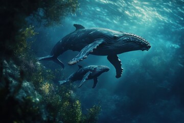 Fototapeta premium Whales swimming in ocean isolated on transparent background
