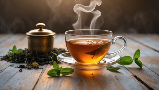 Herbal mint and dried tea leaves in a tea cup