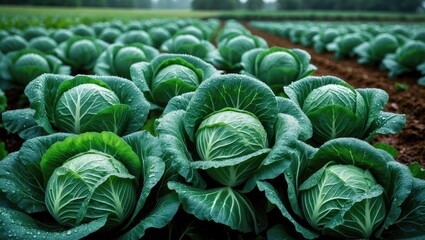 Fototapeta premium Raindrops wet the heads of cabbage growing outdoors in a rural setting on a rainy day
