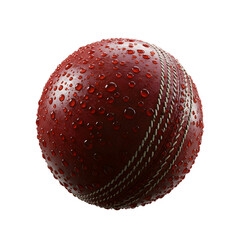 Wet cricket ball with droplets and stitching
