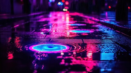 Reflective puddles on a wet city street with vibrant lights