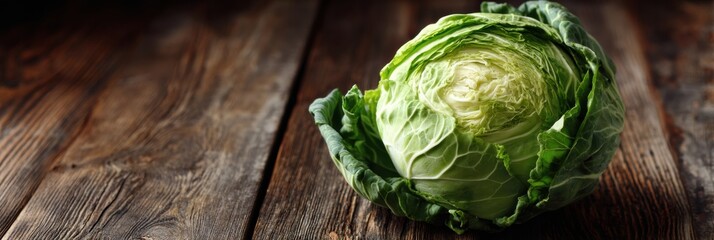 Obraz premium Fresh Green Cabbage Resting on a Rustic Wooden Table With Outer Leaves Intact and Vibrant Colors Captured Beautifully