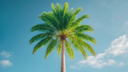 Tall palm tree with lush green leaves basking in sunlight by the beach.