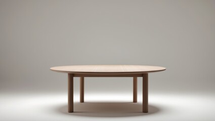 Light brown round wooden dining table showcased on white background
