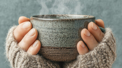 Warm beverage in hands with cozy gloves