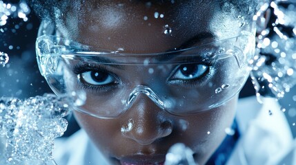A woman with goggles is surrounded by splashing water drops