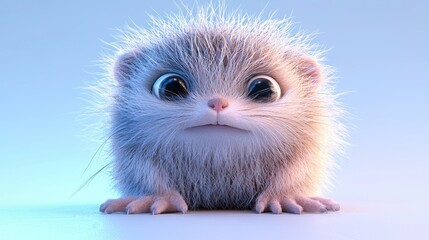 A cute fluffy creature with large eyes staring forward attentively
