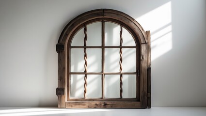 Wooden-framed old window with interior bars in an arch design, isolated on a white surface