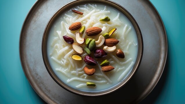 Traditional Indian Payasam (Kheer) with Cashews and Almonds Presented in a Bowl for Eid and Festivals