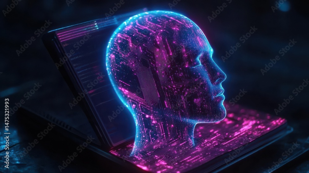 Poster side view and close up of notebook with glowing circuit head outline. ai and machine learning concep