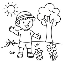Boy standing in a summer setting with bright sun and blooming trees, drawn in a simple black and white line style for children’s coloring activities