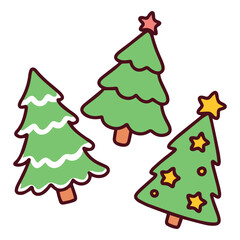 A set of three cute green pine trees with colorful star decorations in a simple style for children’s learning materials, crafts, or festive design