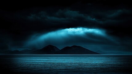 Dark water landscape shows mountains beneath stormy atmospheric conditions