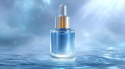 Naklejka premium Serum Bottle Floating In Glowing Mist Above Reflective Water Surface