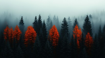 Colorful autumnal trees stand out among the forest landscape
