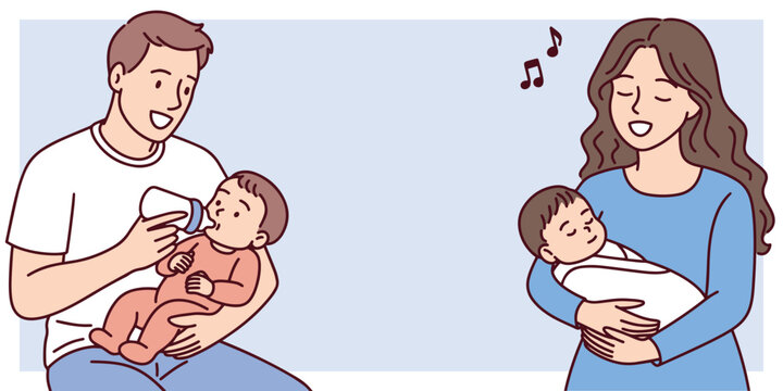 Colorful illustration of mother caring for son and father caring for daughter, with additional empty space for placing text, promoting love, family, and early parenting bonds