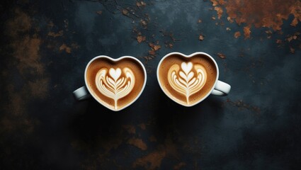 Pair of coffee mugs with intricate latte art set against a black rustic backdrop