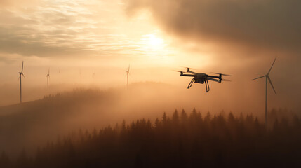 Fototapeta premium drone inspecting wind turbine