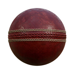 Close-up of a red cricket ball with stitching
